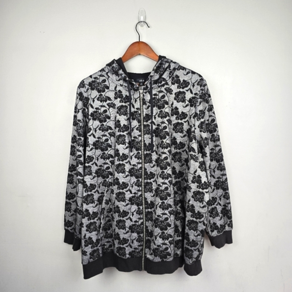 ELLOS Lightweight‎ Floral Zip Jacket Hood Drawstring Black Womens Plus Size 1X